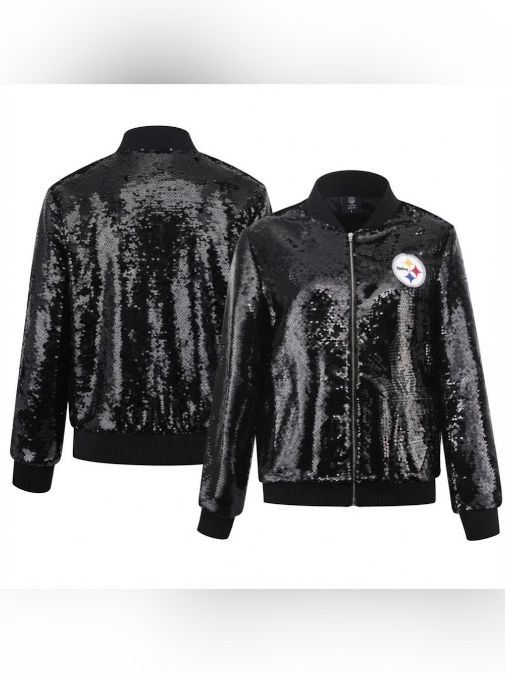NFL Team Apparel Sequin Bomber Jacket with Pittsburgh Steelers Patch - Black